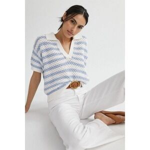 Maeve Anthropologie Blue White Striped Open Back Polo Sweater Pointelle XS